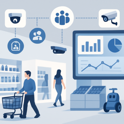 Retail store equipped with AI cameras and sensors analyzing customer behavior and inventory