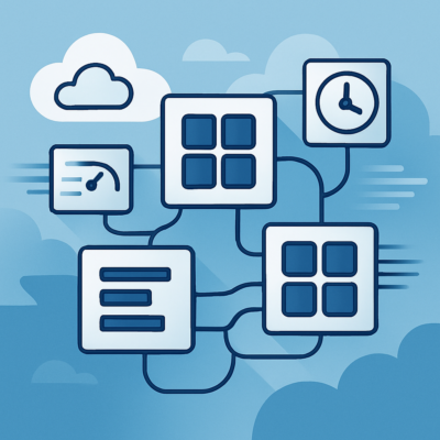 Illustration of modular reusable frameworks accelerating product deployment in cloud environments.