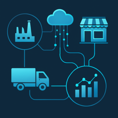 Industry icons connected by real-time data streams representing AI/ML applications in manufacturing, logistics, and retail